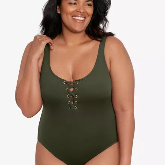LAUREN RALPH LAUREN Plus Size Lace-Up One-Piece Swimsuit - Picture 1 of 8